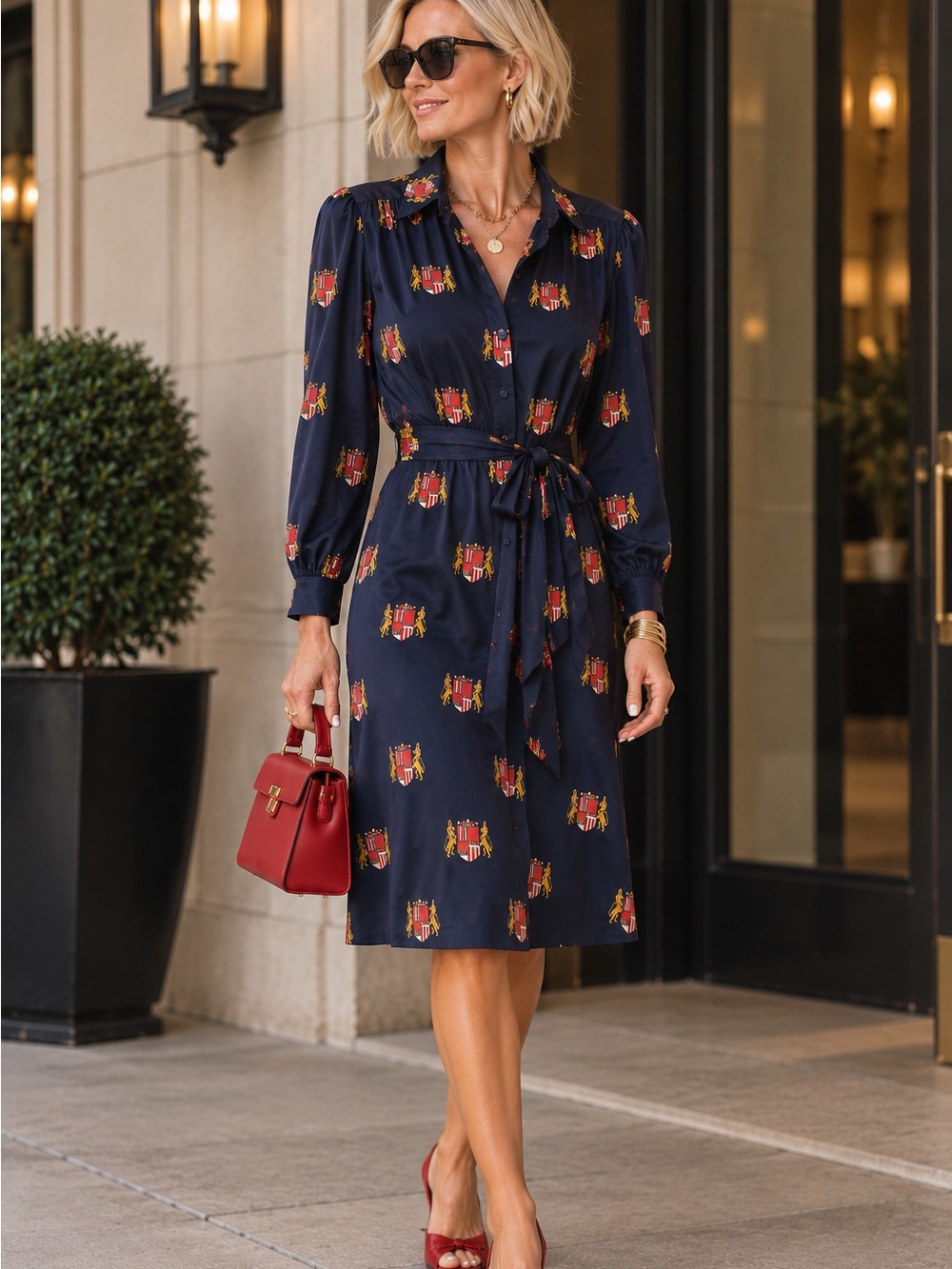 Vintage Navy Printed Tie-Waist Shirt Dress-8